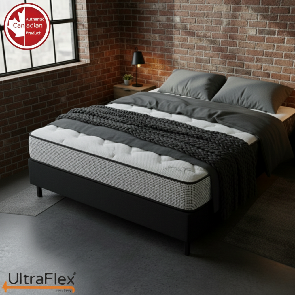 Bed with UltraFlex mattress in a room with brick walls and a window.